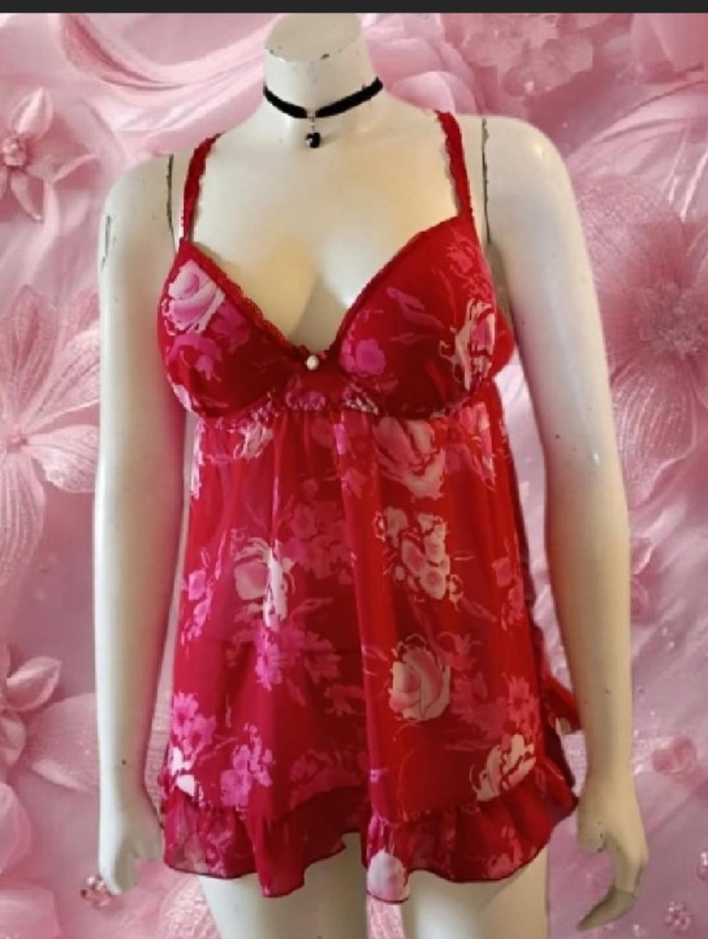 Vtg 90s Cinema Etolie XL red & pink babydoll style floral chemise Slip Dress